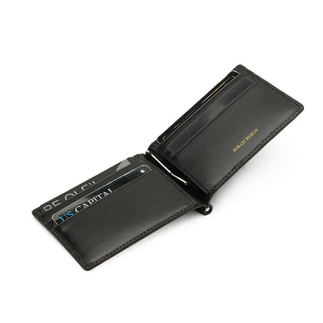 Black leather wallet with card slots on a white background