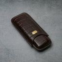 Luxury brown crocodile texture leather cigar case with gold plaque, premium travel accessory