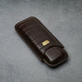 Luxury brown crocodile texture leather cigar case with gold plaque, premium travel accessory