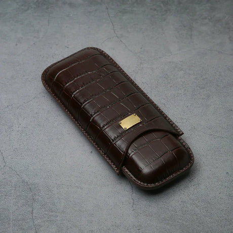 Luxury brown crocodile texture leather cigar case with gold plaque, premium travel accessory