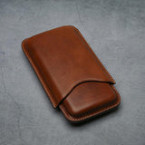 Handcrafted brown leather phone sleeve with precise stitching, ideal for luxury dropshipping or OEM