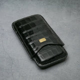 Black crocodile texture leather cigar case with gold plaque, luxury travel accessory for premium cigars