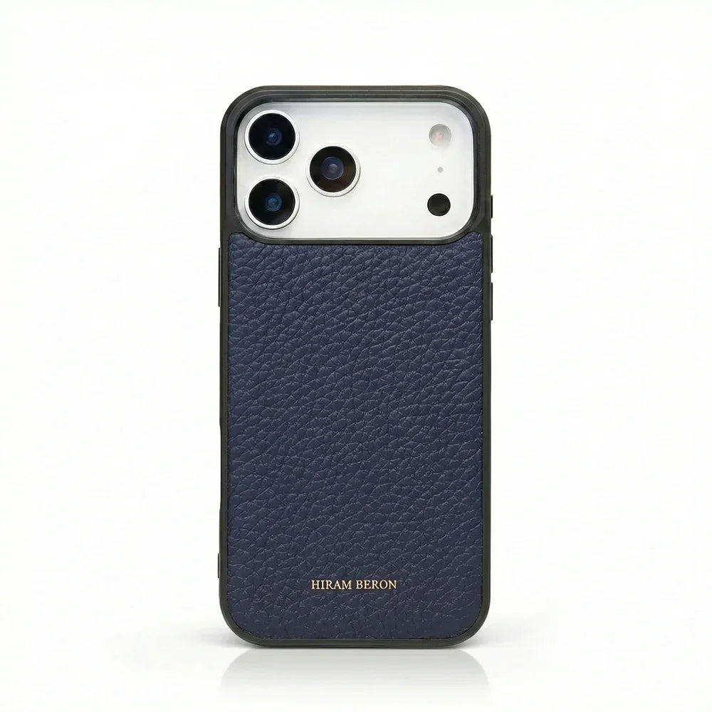 blue pebble leather iphone case with black edge