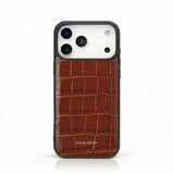 Luxury brown croc-texture leather iPhone case with Hiram Beron branding, premium phone protection