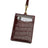 burgundy crocodile pattern ID badge holder with a strap on a white background