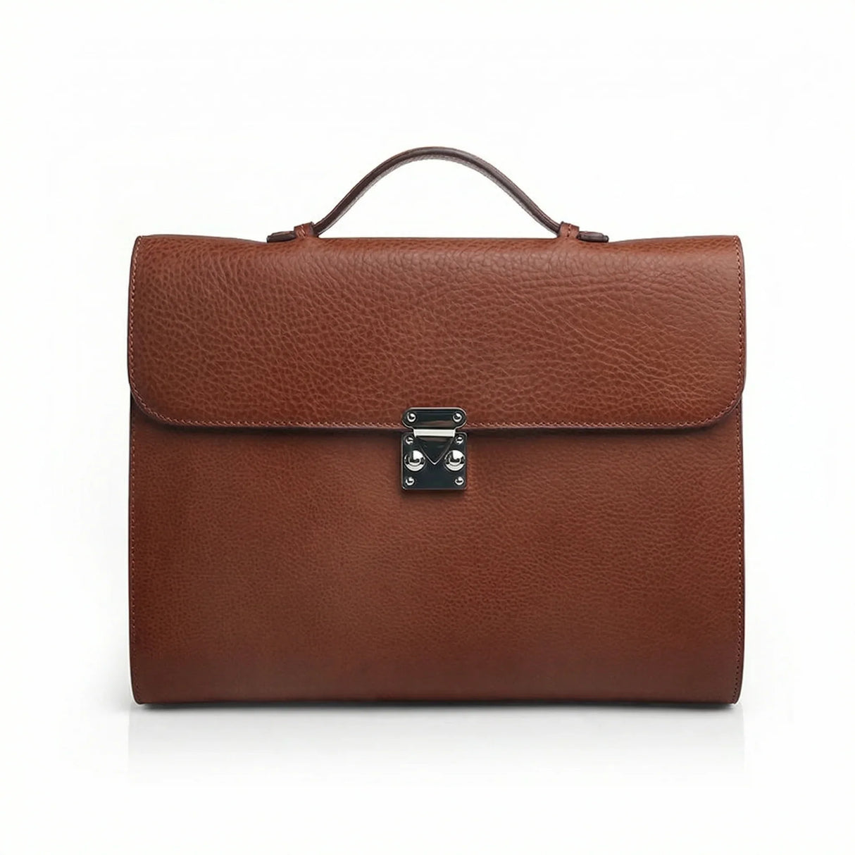 Brown Leather Tablet Briefcase with a silver clasp on a white background