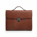 Brown Leather Tablet Briefcase with a silver clasp on a white background