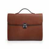 Brown Leather Tablet Briefcase with a silver clasp on a white background