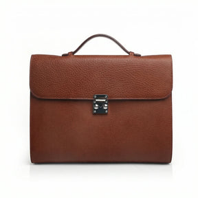Brown Leather Tablet Briefcase with a silver clasp on a white background