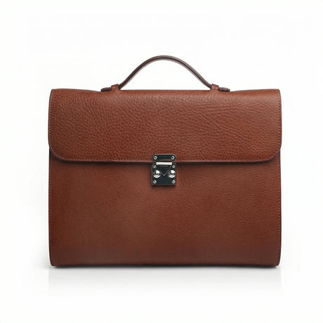 Brown Leather Tablet Briefcase with a silver clasp on a white background