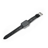 Black smartwatch with a leather strap on a white background