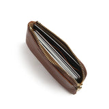 close up of the top of the brown leather zipper coin pouch