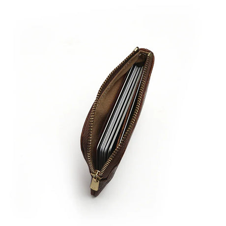 Brown leather wallet with zipper on a white background