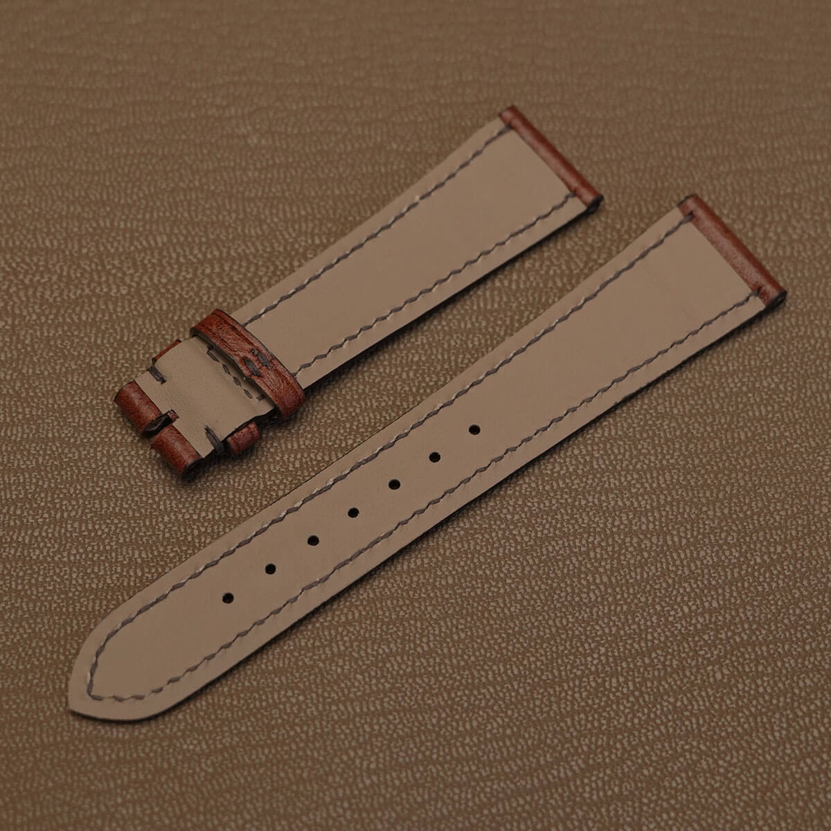 French Haas Zermatt waterproof calfskin lining on custom brown Italian leather watch strap   