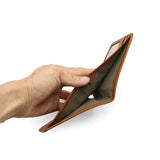 Hand holding a brown leather wallet on a white background