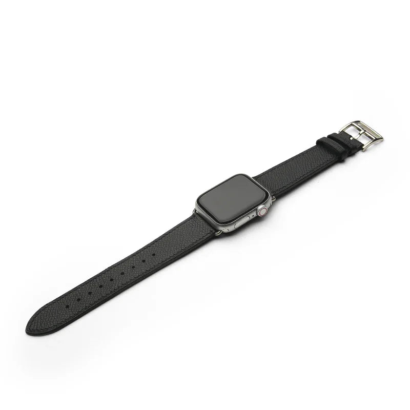 Black epsom leather watch strap with silver clasp on a white background