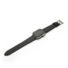 Black epsom leather watch strap with silver clasp on a white background
