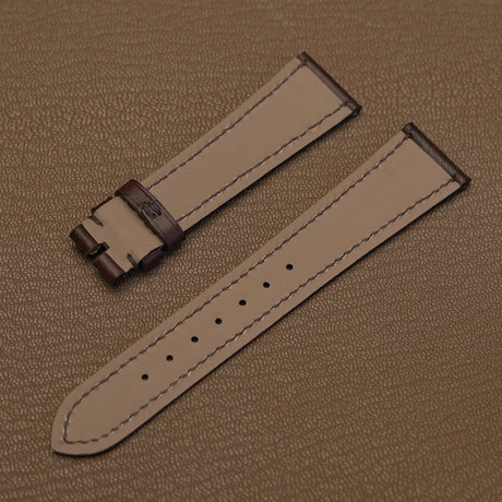 French Haas Zermatt waterproof calfskin lining on custom dark brown Italian veg-tan leather watch strap   