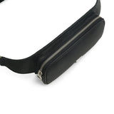 Black saffiano betl bag with a zipper on a white background
