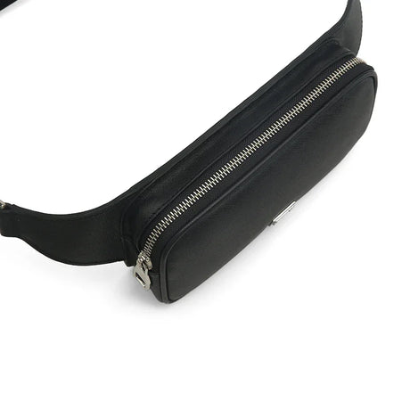 Black saffiano betl bag with a zipper on a white background