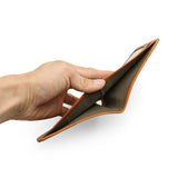Hand holding a brown leather wallet on a white background