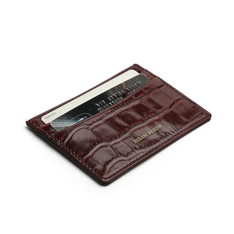 Slim Burgundy Crocodile Pattern Credit Card Holder with white background