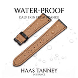 Water resistance droplet test on Haas Zermatt lining with hand-stitched alligator watch band construction   