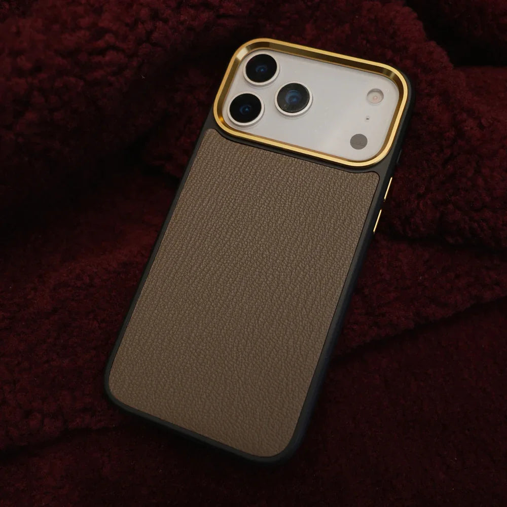 Etoupe France Goat Skin iPhone Case on a burgundy background