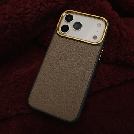 Etoupe France Goat Skin iPhone Case on a burgundy background