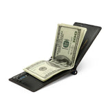 Black wallet with money clip holding a $100 bill on a white background