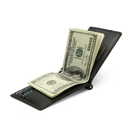 Black wallet with money clip holding a $100 bill on a white background