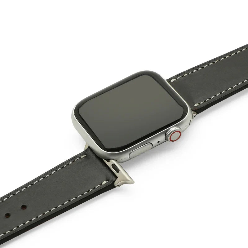 Smartwatch with a black leather strap on a white background