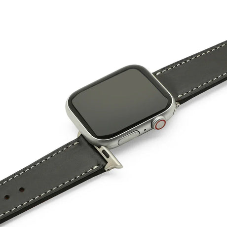 Smartwatch with a black leather strap on a white background