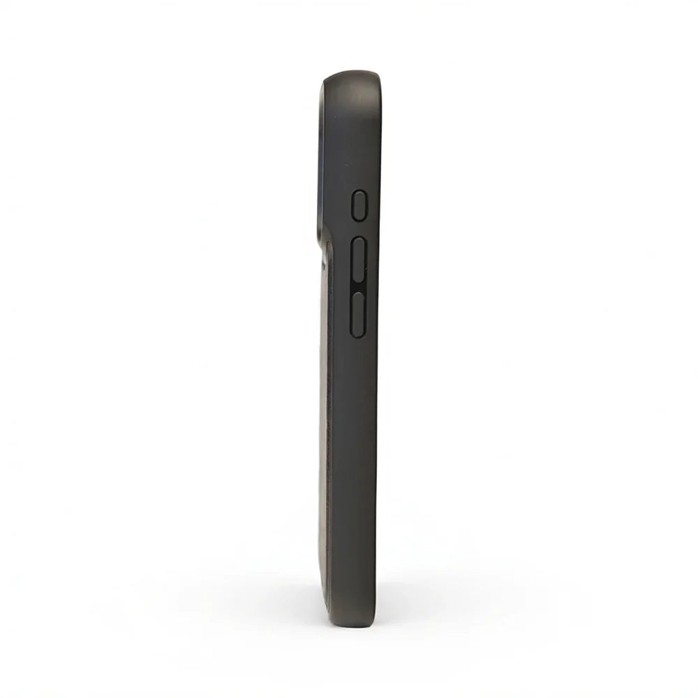Side view of a black phone case on a white background