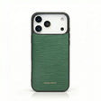 green epi leather iphone 17 pro max case with HIRAM BERON brand name on it