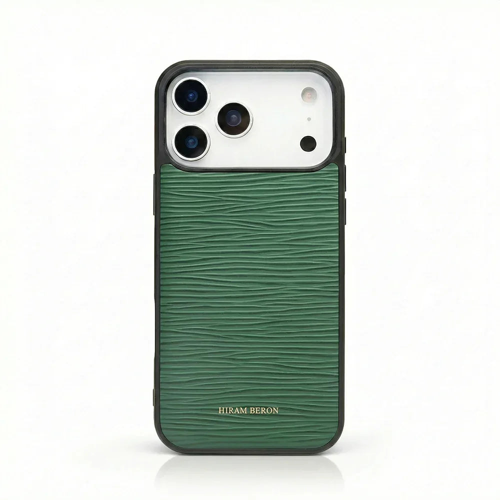 green epi leather iphone 17 pro max case with HIRAM BERON brand name on it