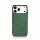 green epi leather iphone 17 pro max case with HIRAM BERON brand name on it