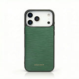 green epi leather iphone 17 pro max case with HIRAM BERON brand name on it