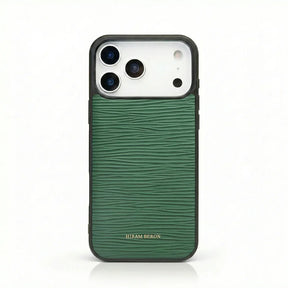 green epi leather iphone 17 pro max case with HIRAM BERON brand name on it