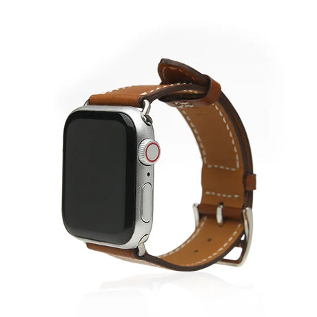 Smartwatch with a brown leather strap on a white background
