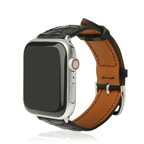 Smartwatch with a black and brown leather strap on a white background