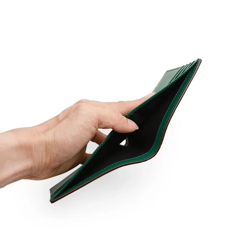 Hand holding an open green wallet against a white background