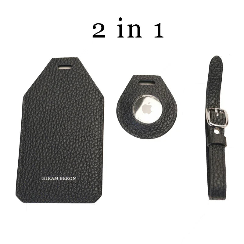 Set of black leather items including a tag, airtag case, and strap with 'Hiram Beron' branding on a white background.