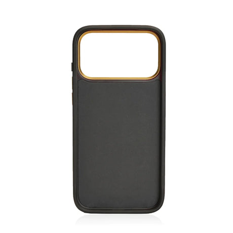 Black leather phone case with gold camera cutout, premium protective cover for smartphone