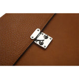 Close-up of a brown leather bag with a silver metal clasp on a white background