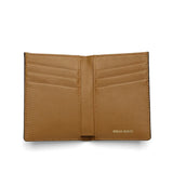 Tan leather wallet with 'Hiram Beron' branding on a white background