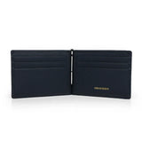 The inside look of the navy blue money clip card wallet with brand name"HIRAM BERON" on a white background