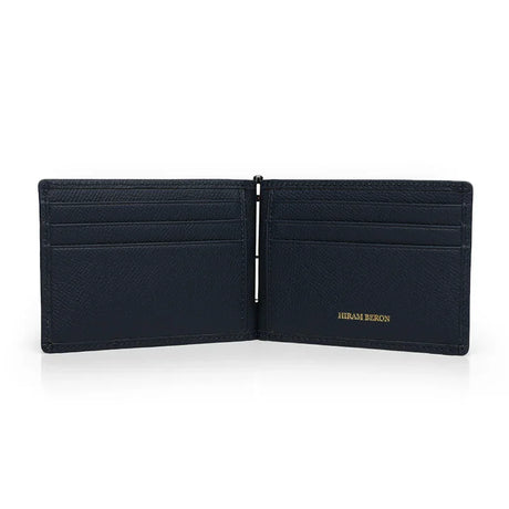 The inside look of the navy blue money clip card wallet with brand name"HIRAM BERON" on a white background