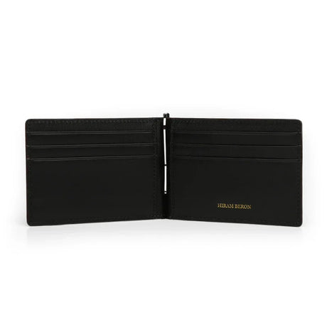 Black leather wallet with 'Hiram Beron' branding on a white background