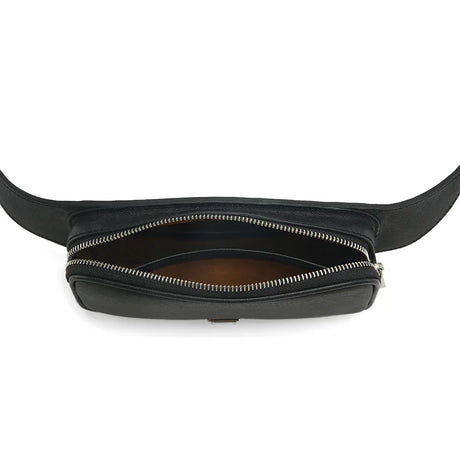 Black belt bag with a zipper opening on a white background